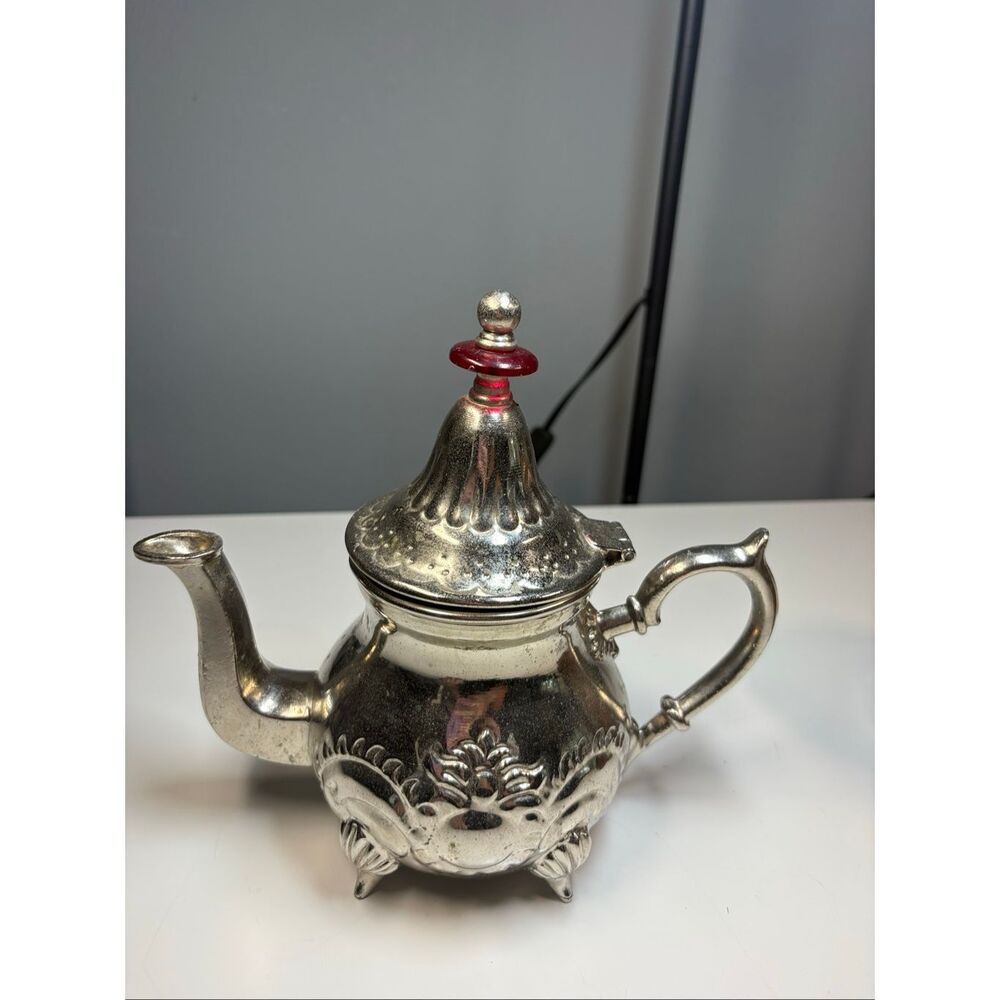 Magna Morocco Silverplate Teapot Red Finial Coffee Tea Pot Vintage 8 Inch